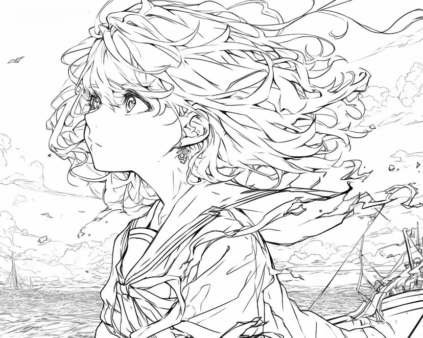 海風に吹かれる少女