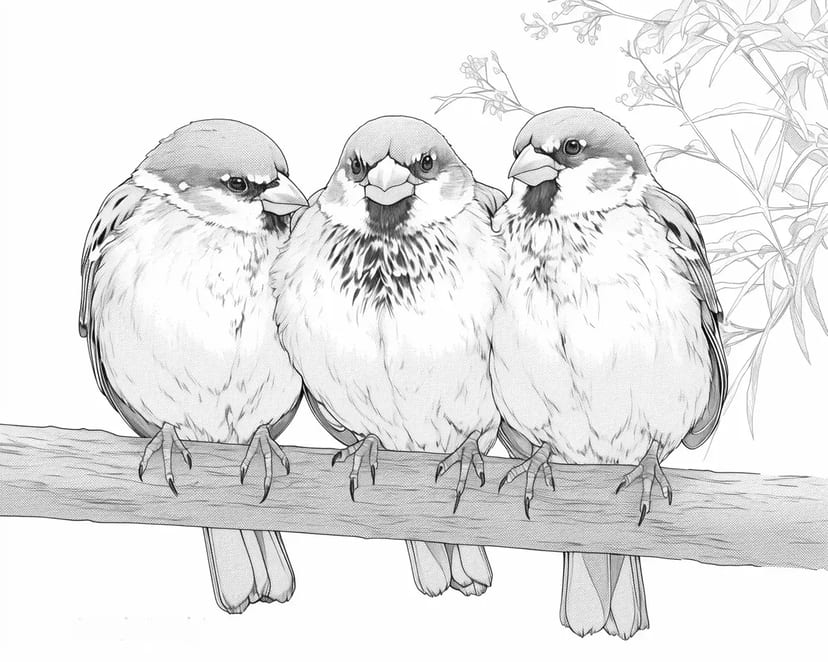 枝に止まるスズメたち