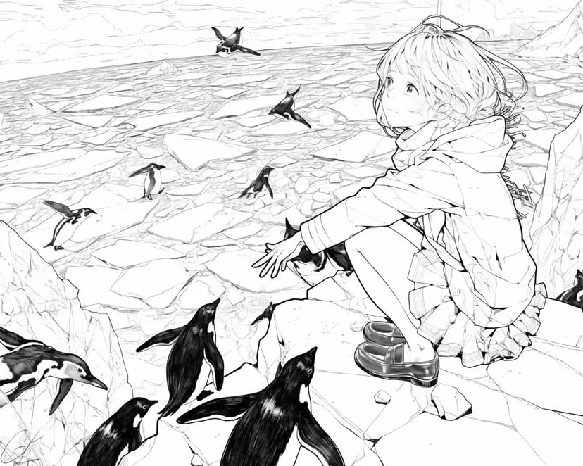 氷の上の少女とペンギンたち