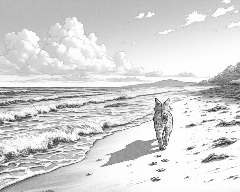 海辺を歩く猫