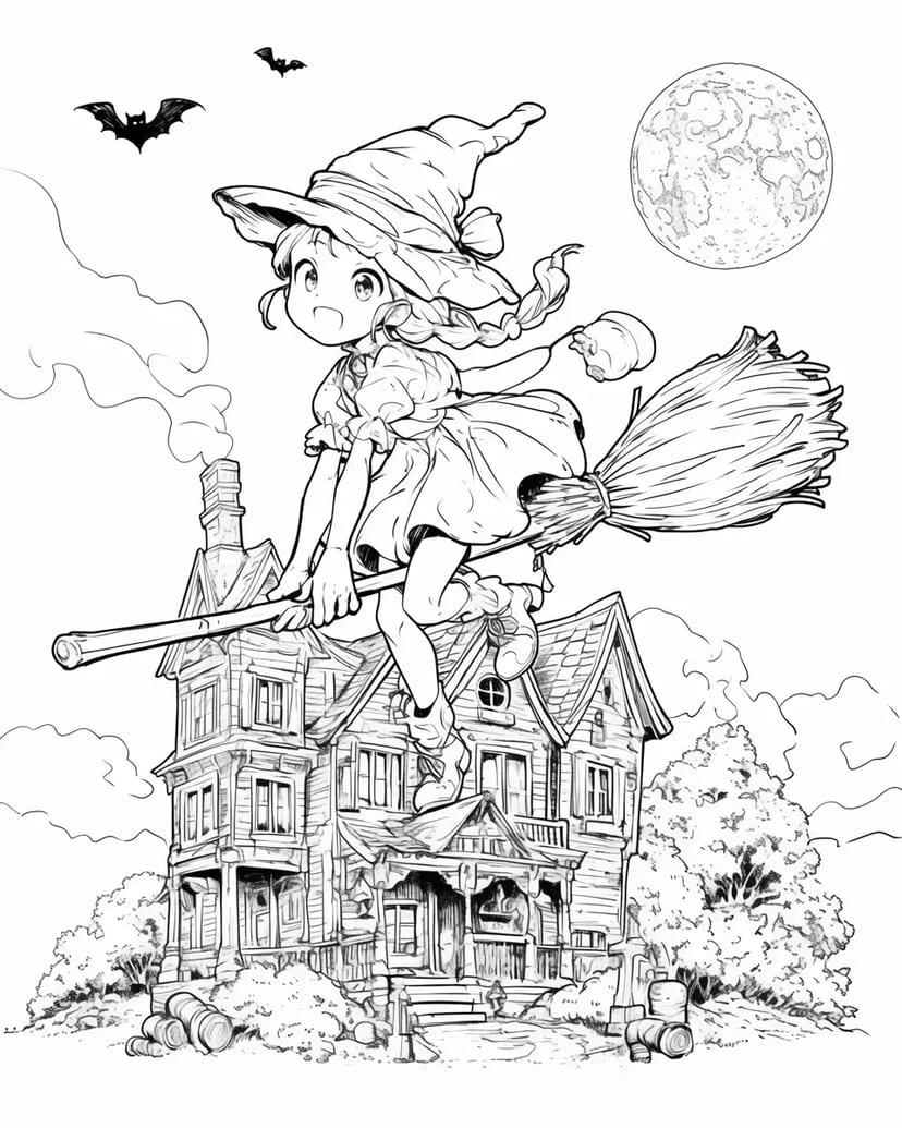 ほうきに乗った小さな魔女
