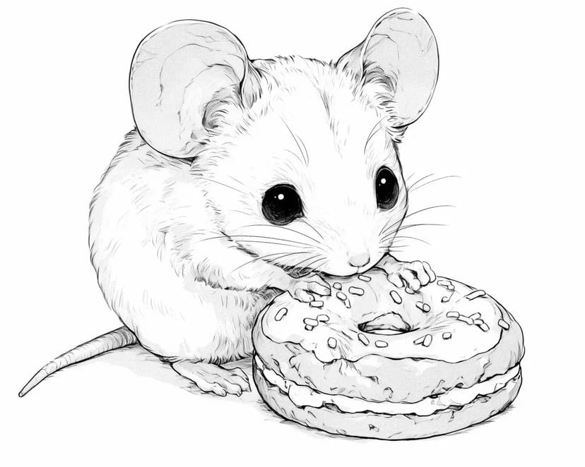 ドーナツをかじる小さなネズミ