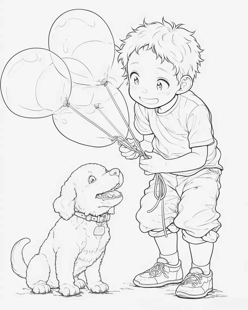 風船と遊ぶ少年と犬