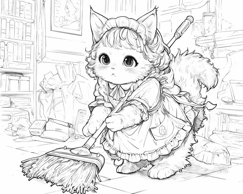 お掃除するふわふわ猫メイド