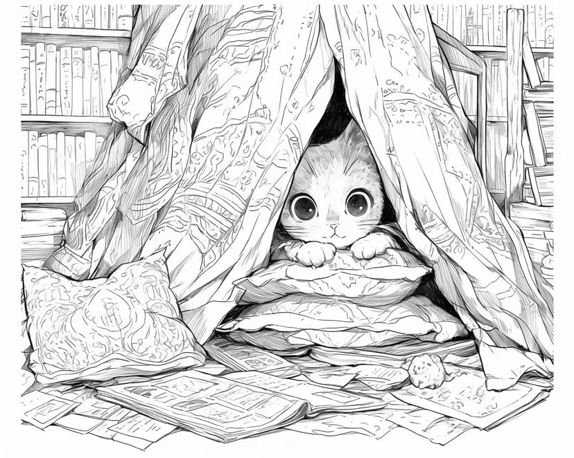 秘密の本の城でのんびり猫