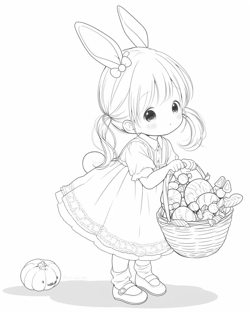 うさぎ耳の女の子とお菓子のかご