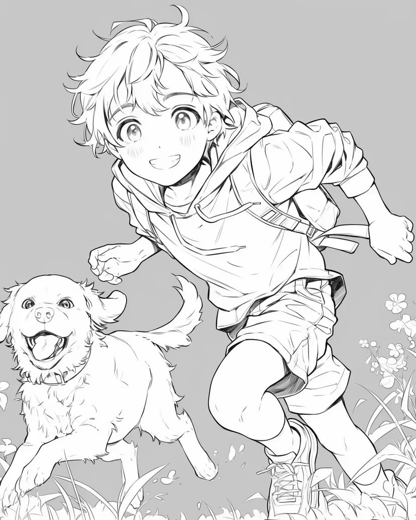 元気な少年と犬の追いかけっこ