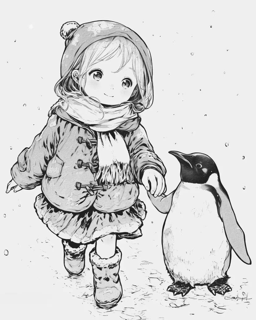 少女とペンギンの冬の散歩