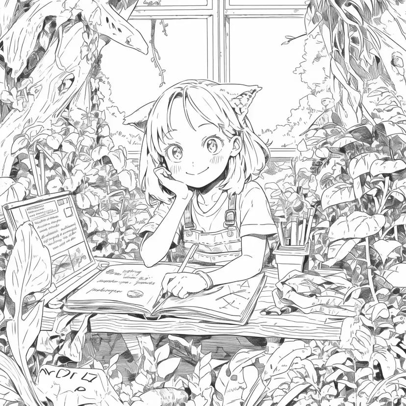 秘密の庭で日記を書く少女