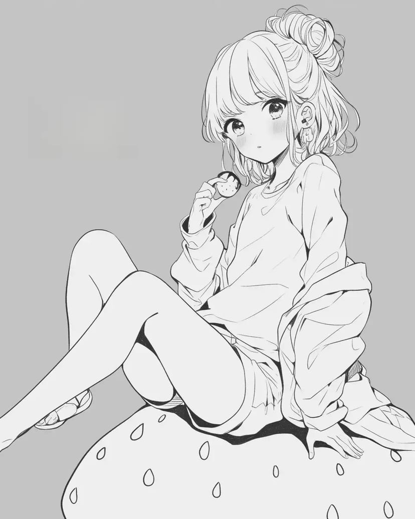 チョコレートのいちごに座る女の子