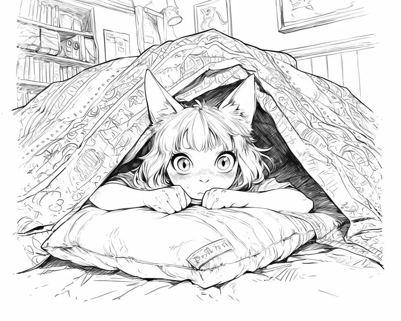毛布の下の猫耳少女