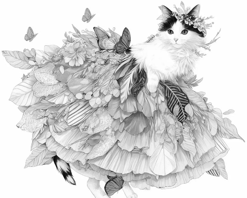 花のドレスを着た猫