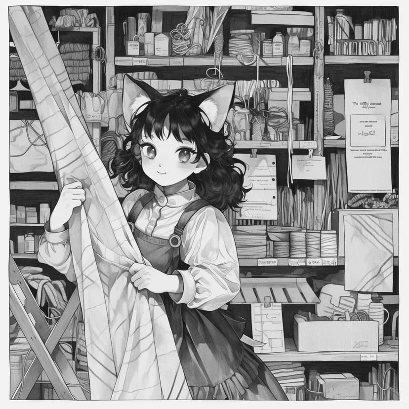 猫耳の少女と布の棚