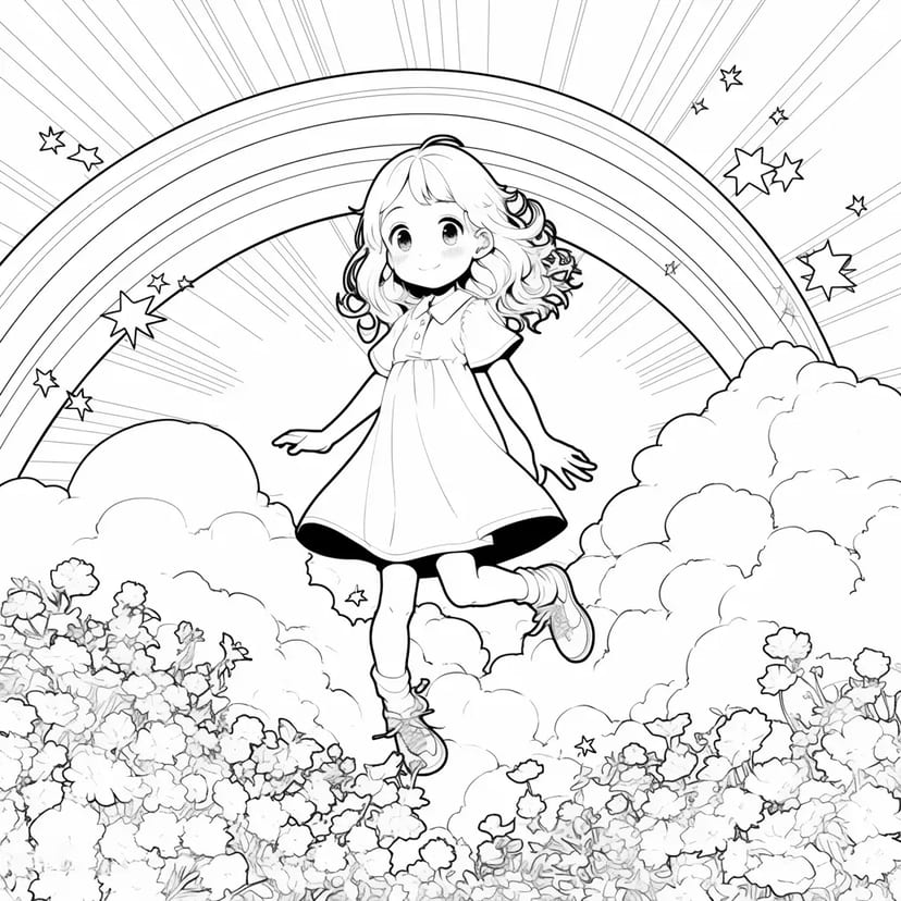 Fille Marchant sur un Arc-en-ciel