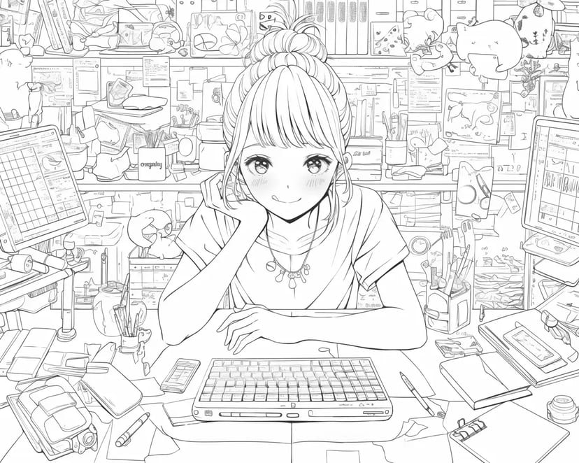 クリエイティブなデスクの少女