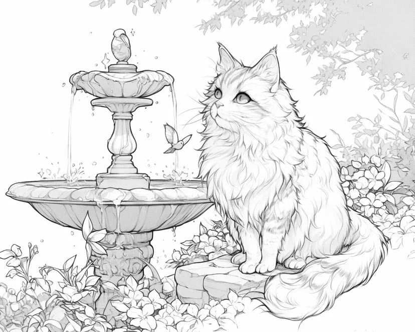 Chat et Papillon près de la Fontaine