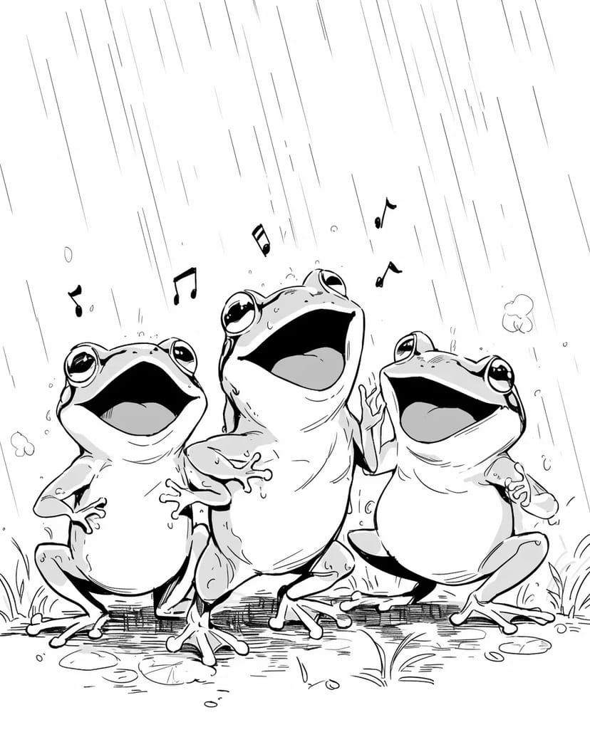 雨の中で歌うカエルたち
