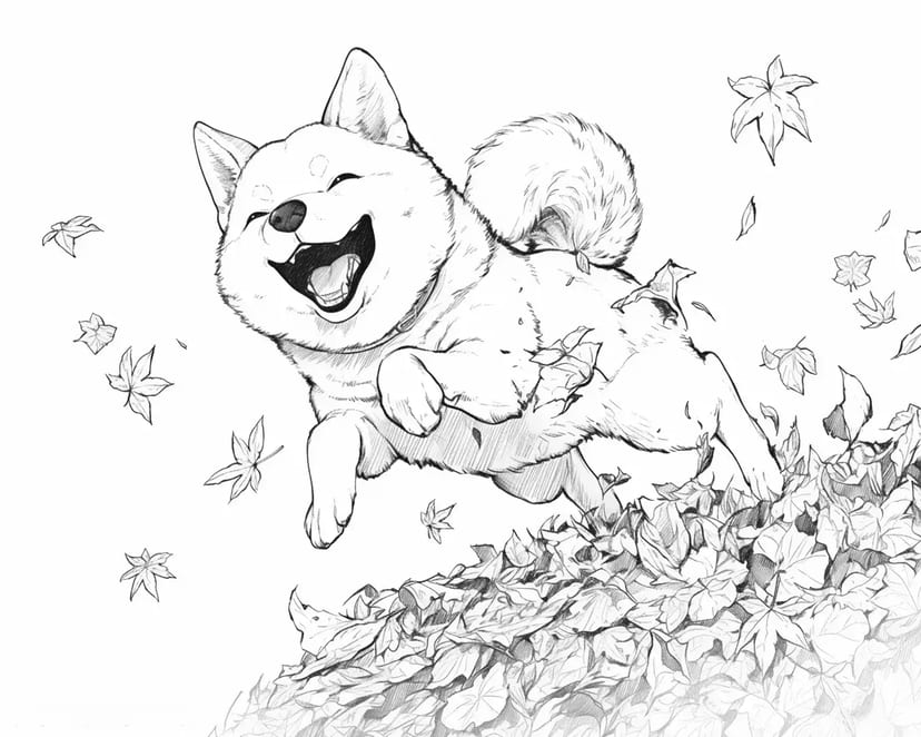 秋の葉っぱと柴犬