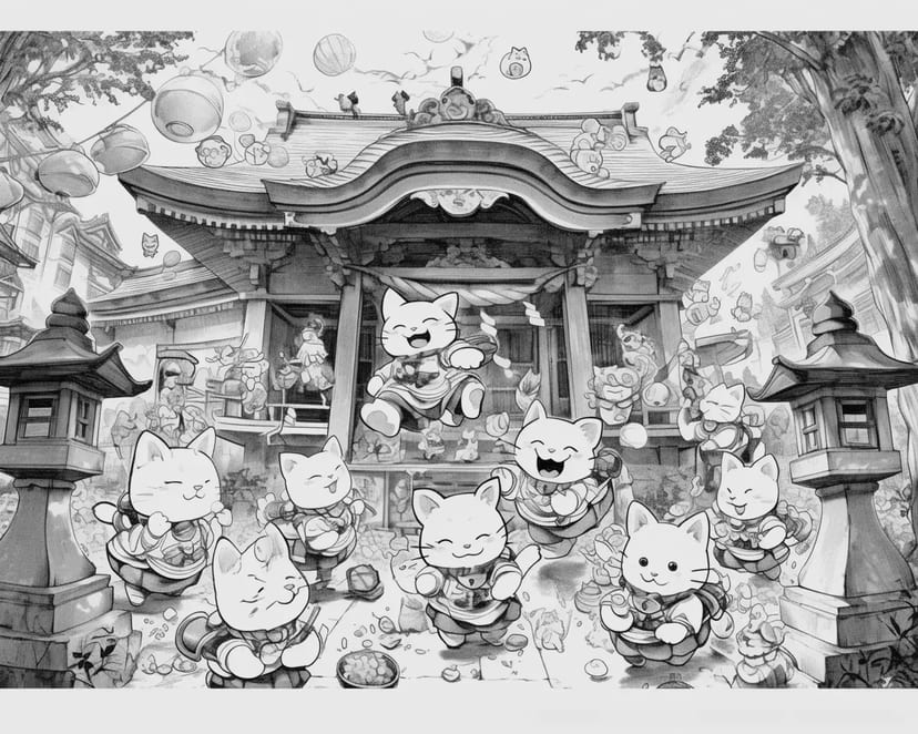神社の境内で遊ぶ招き猫たち
