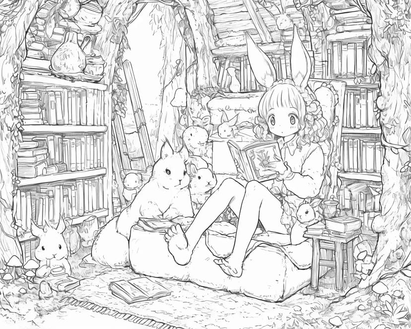 森の図書館で本を読むウサギの少女
