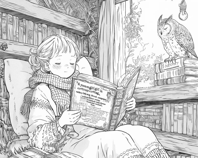 フクロウと本を読む少女