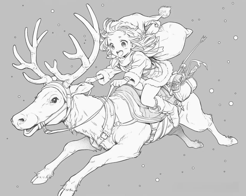 トナカイに乗るサンタの少女