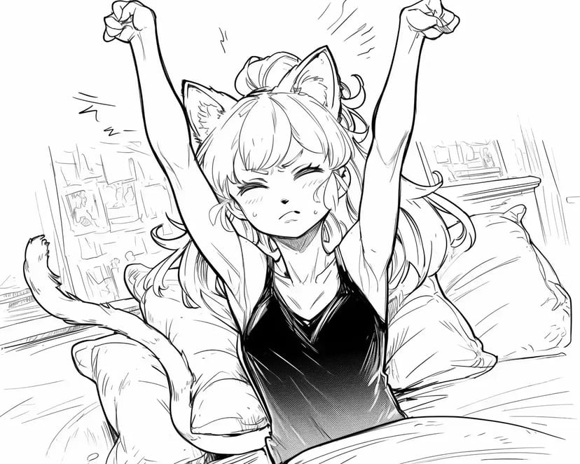 朝の伸びをする猫耳少女