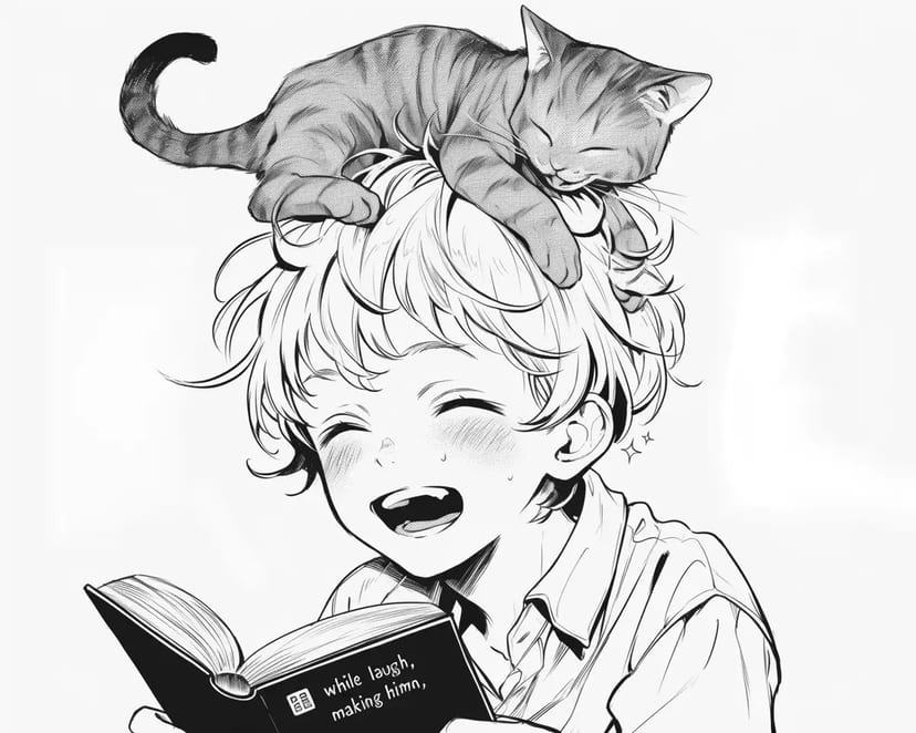 お昼寝の猫と笑顔の少年