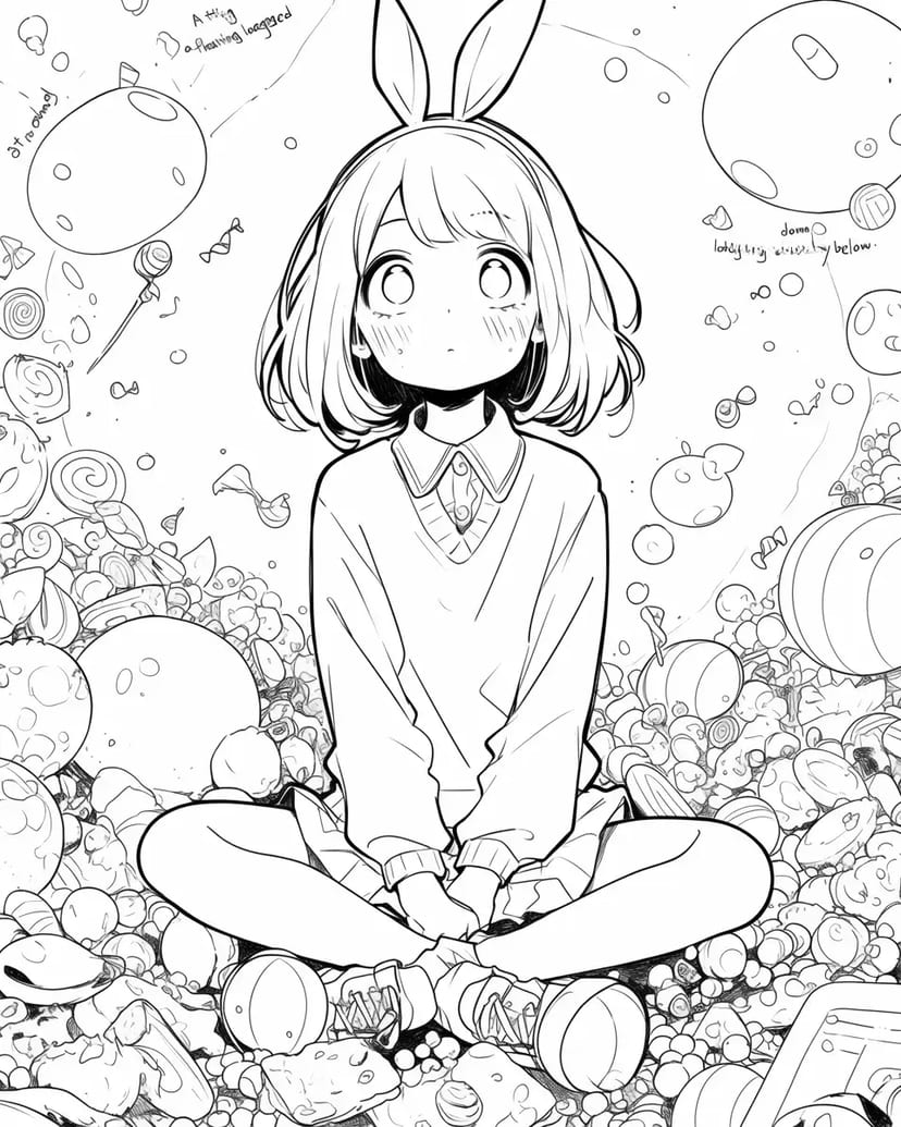 キャンディの海に座る少女