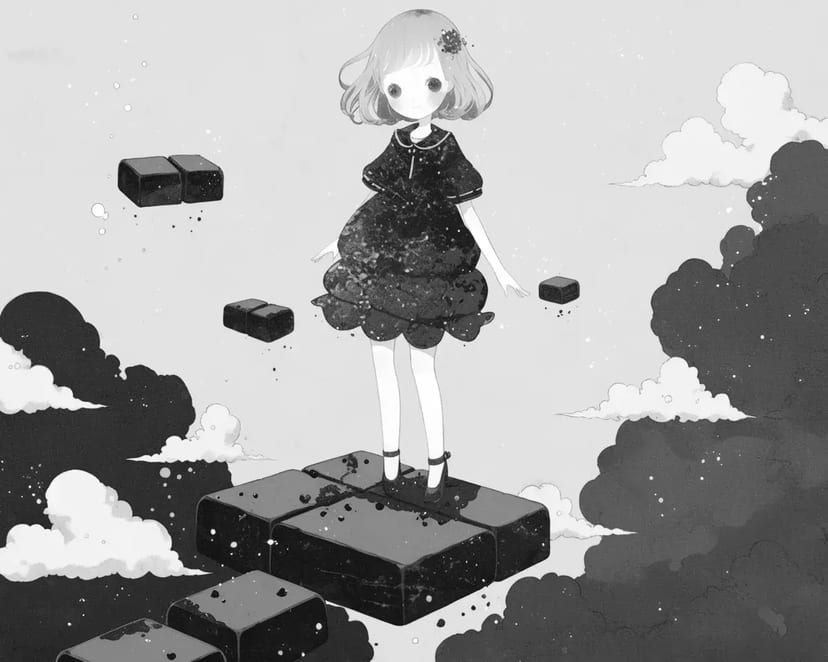 浮遊する少女と黒い雲の道