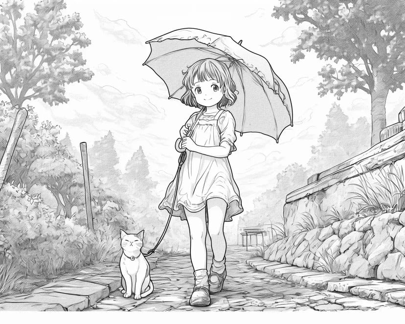 傘を持った少女と猫