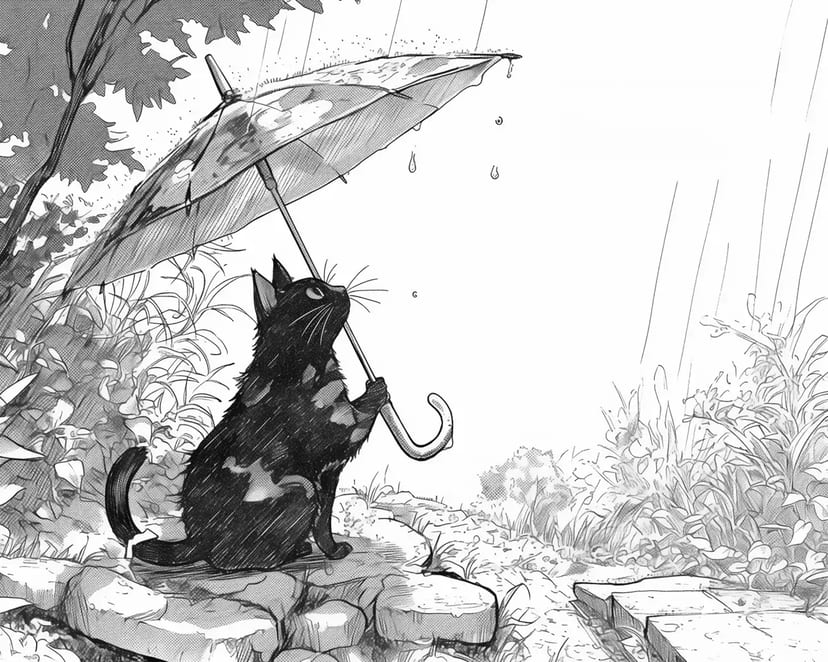 雨上がりの黒猫