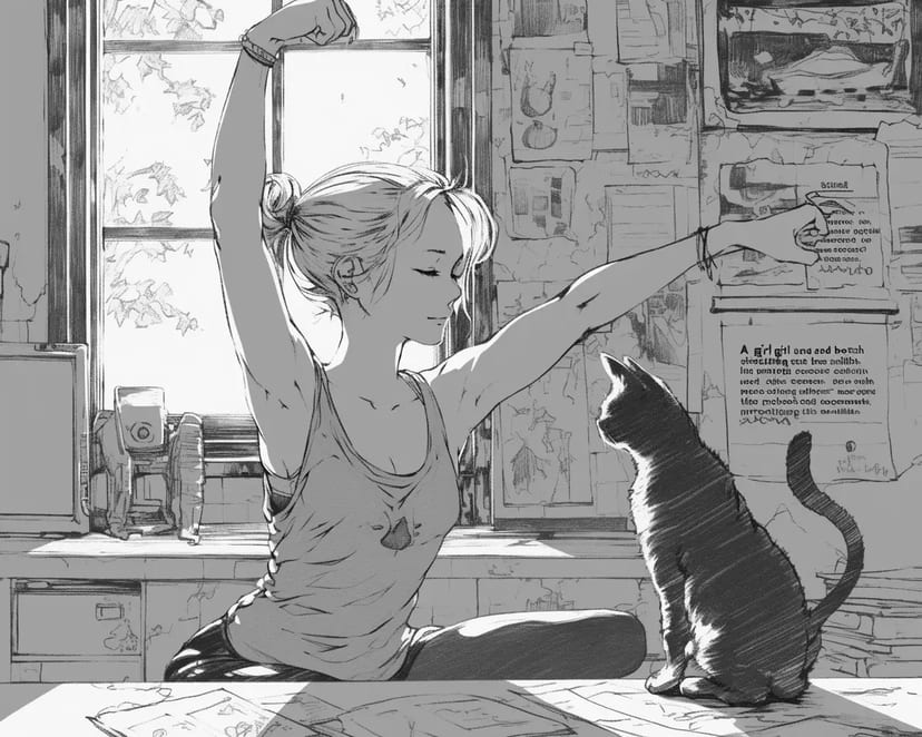 窓辺でストレッチする少女と猫