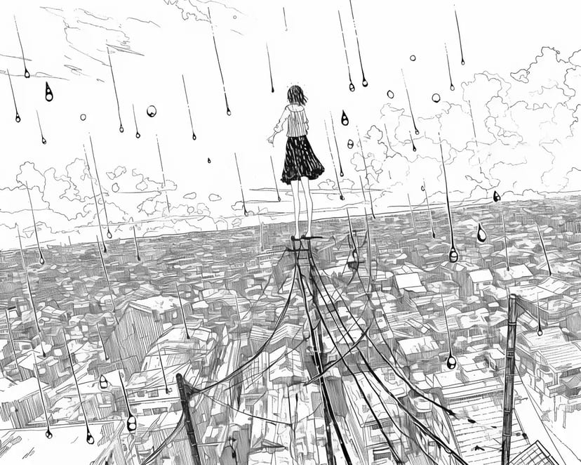 雨の街を見下ろす少女