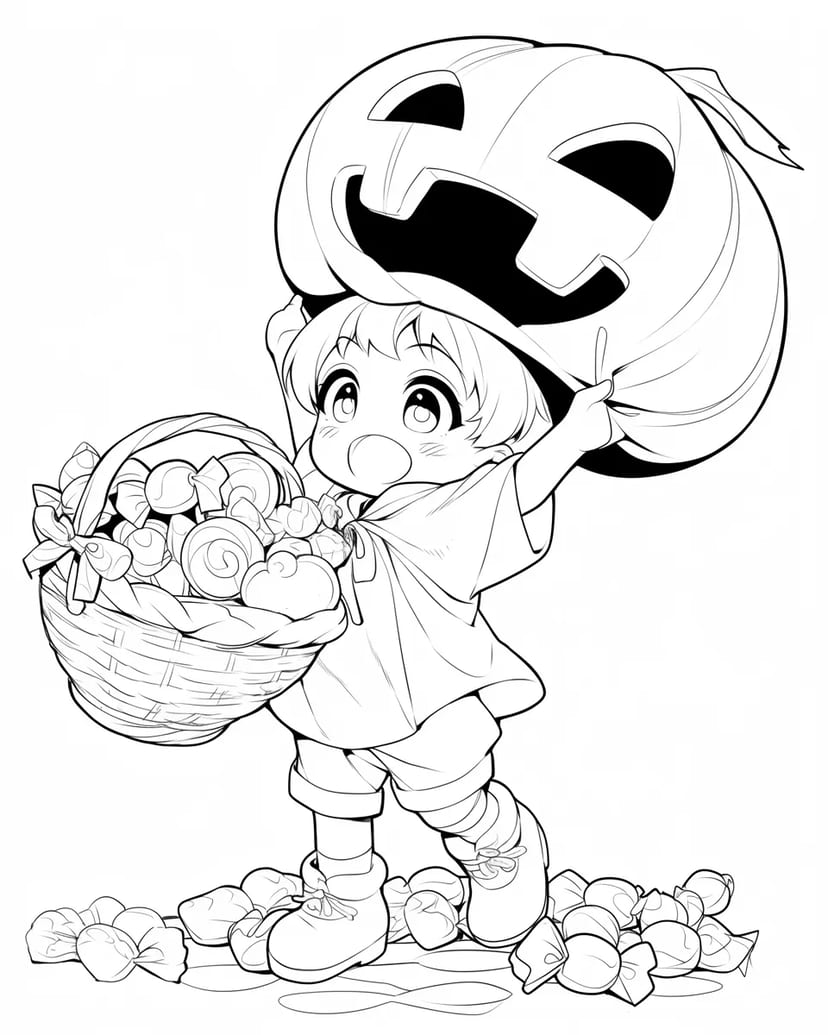 ジャック・オー・ランタンとお菓子いっぱいの子ども