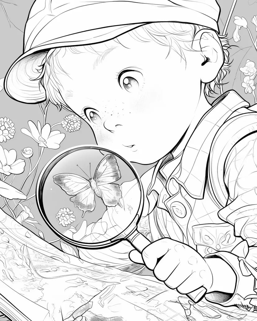 虫眼鏡で観察する少年