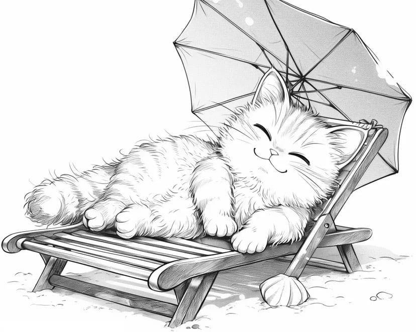 ビーチでくつろぐふわふわ猫
