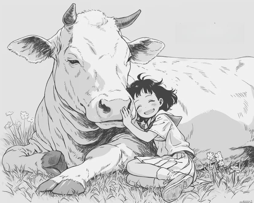 牛と少女の心温まるひととき