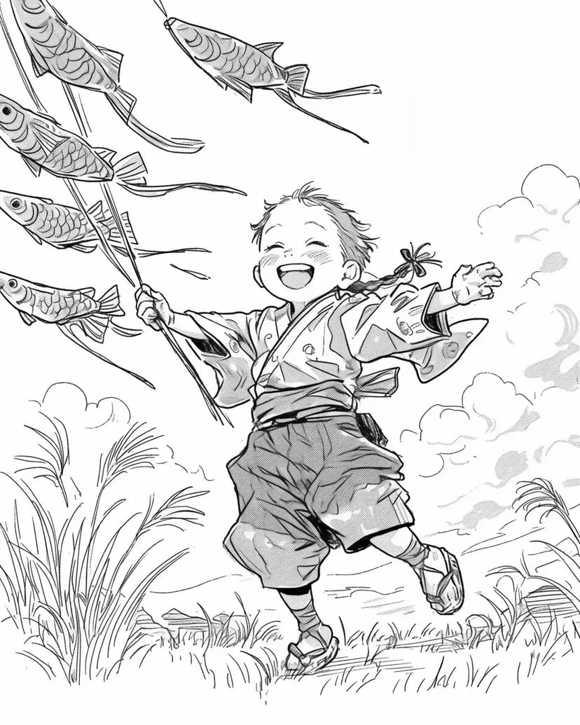 風に舞うこいのぼりと子ども