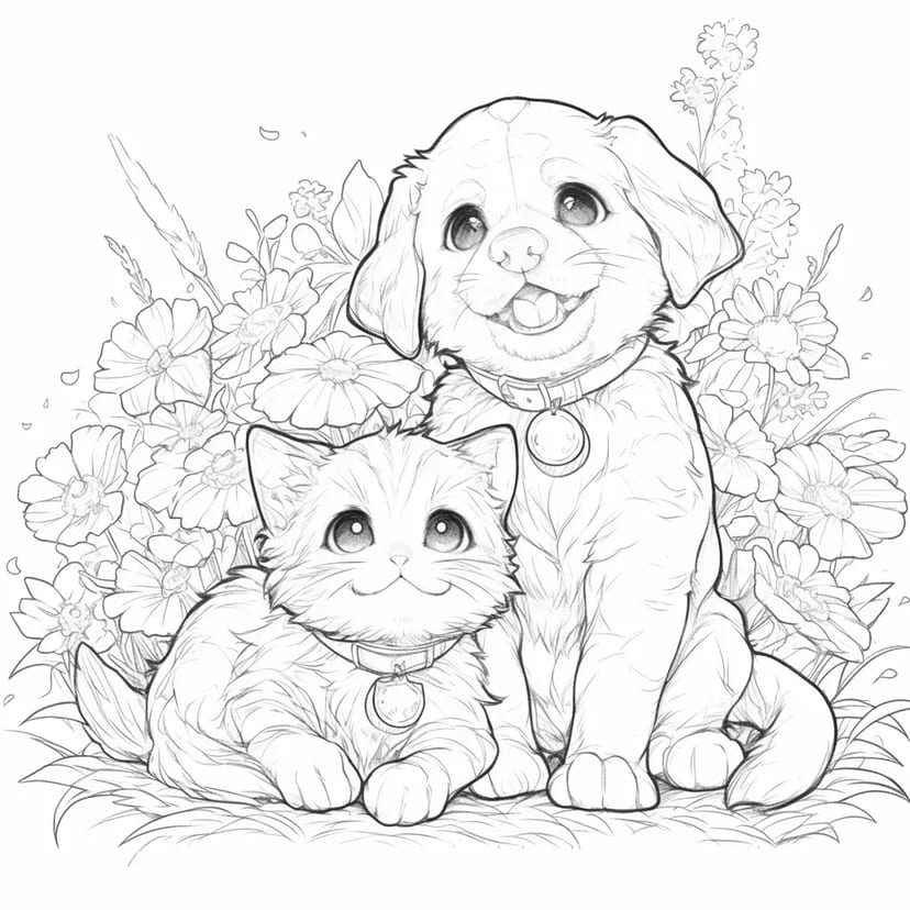 花畑で遊ぶ子犬と子猫