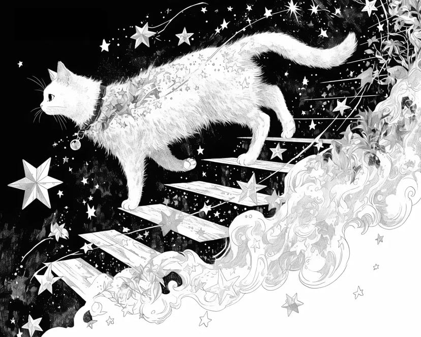 星の階段を歩く猫