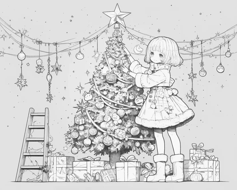 クリスマスツリーを飾る少女