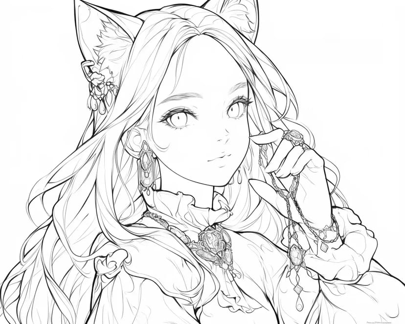 宝石のネックレスを持つ猫の耳の少女