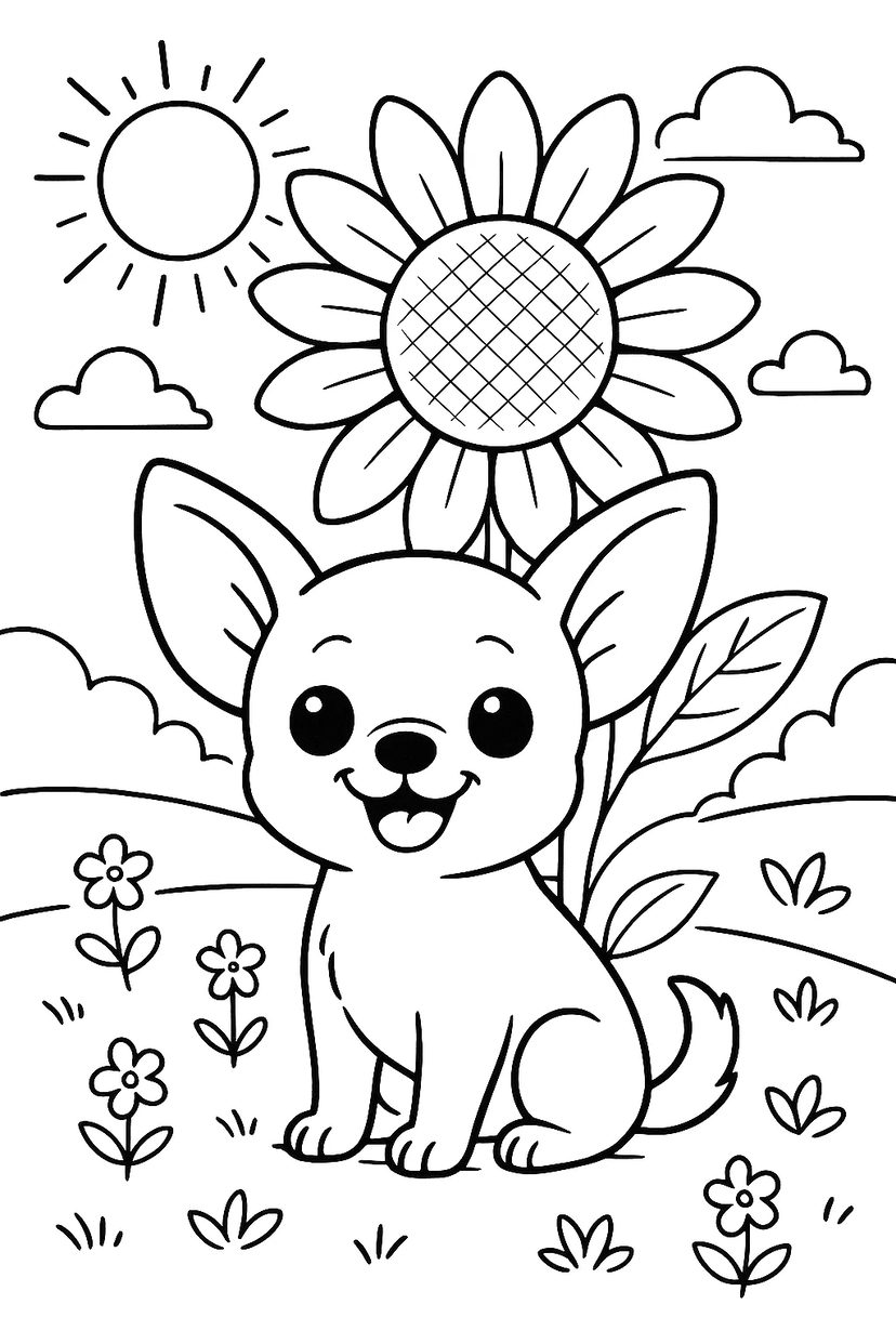 ひまわりと小さなわんちゃん