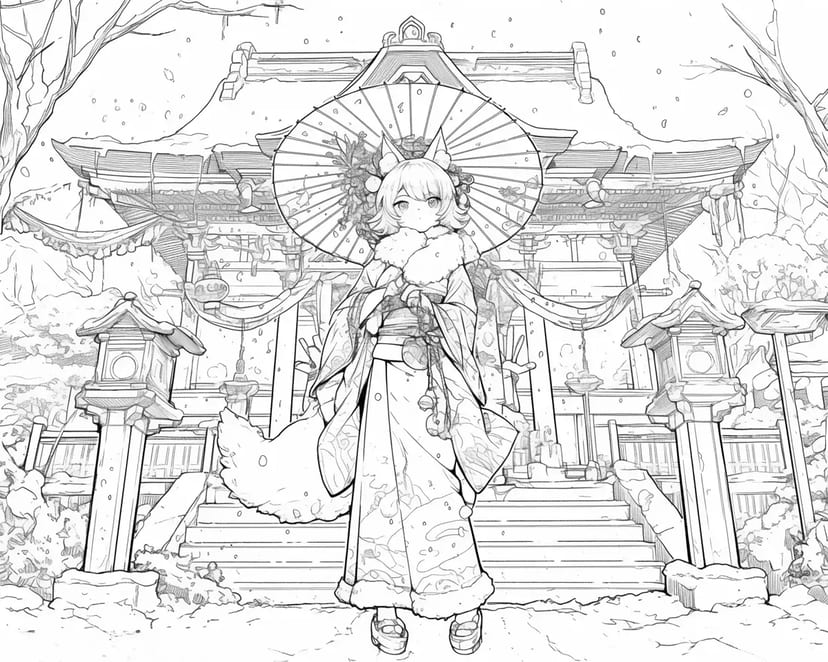 雪の神社の少女
