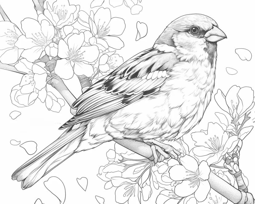 桜の枝に止まるスズメ