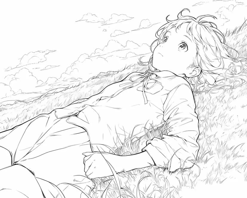 草原で空を見上げる少女