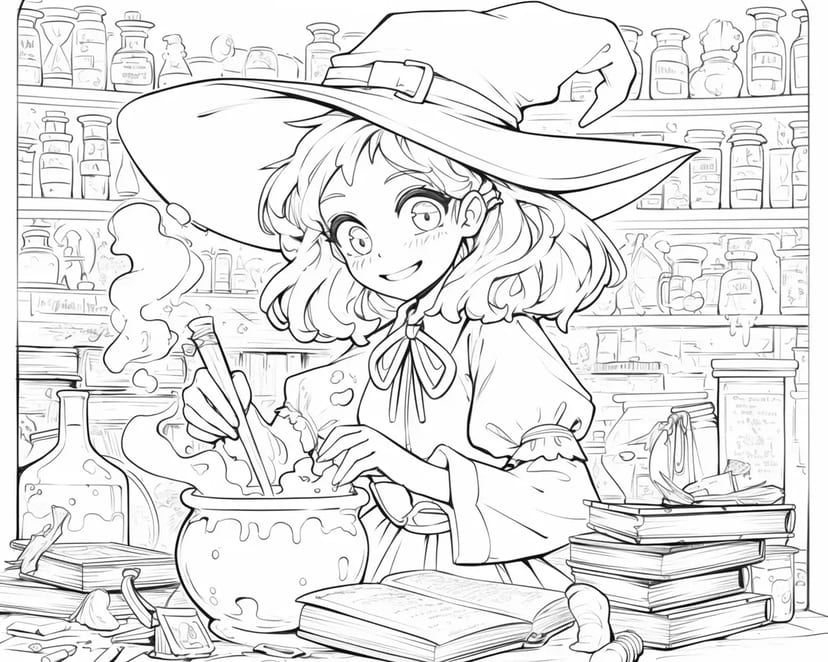 魔法の調合をする小さな魔女