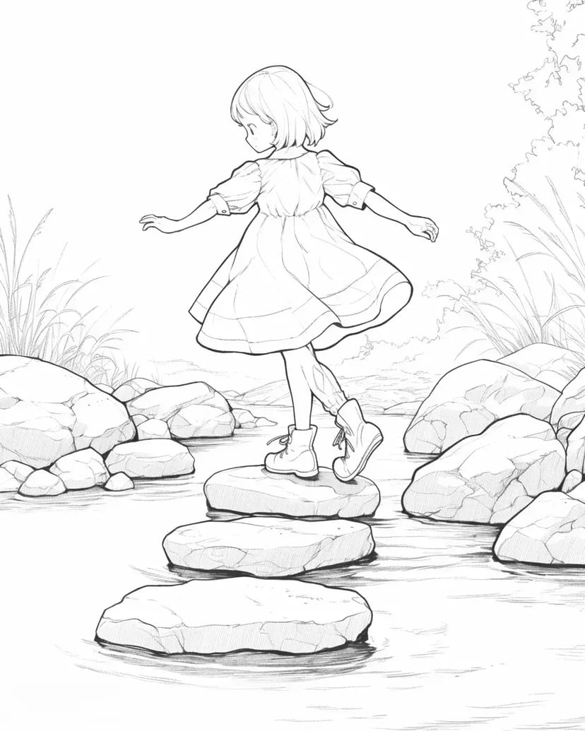 小川を渡る少女