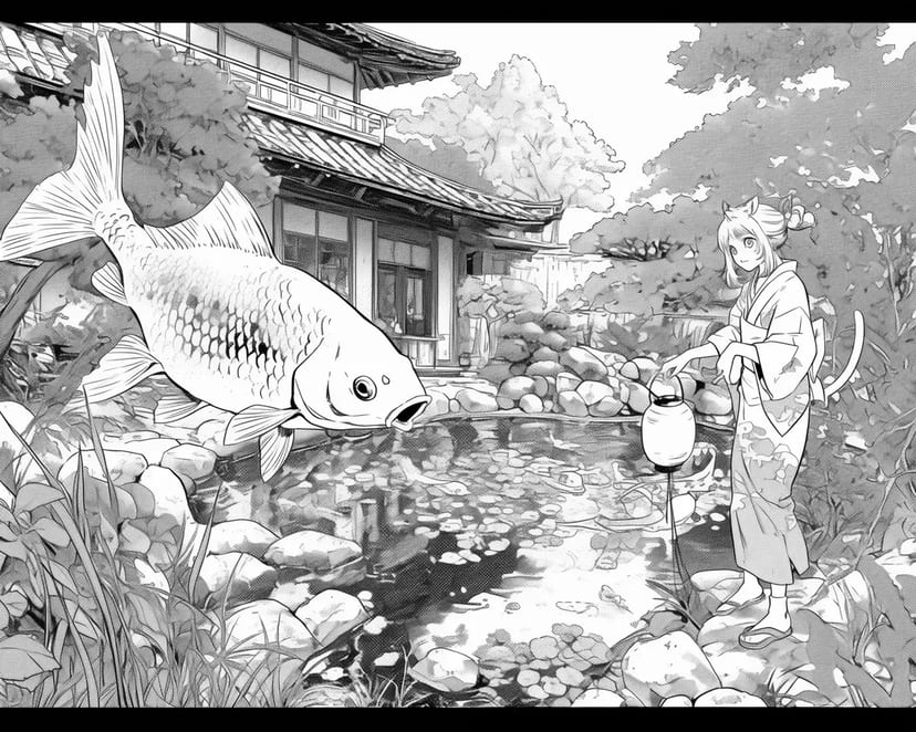 池のほとりの鯉と少女